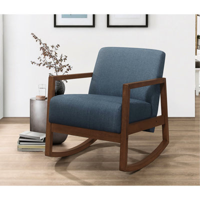 Chaise berçante de salon moderne, coussin bleu, fauteuil à structure en bois franc, fauteuil d'appoint à bascule moelleux, relax et confort