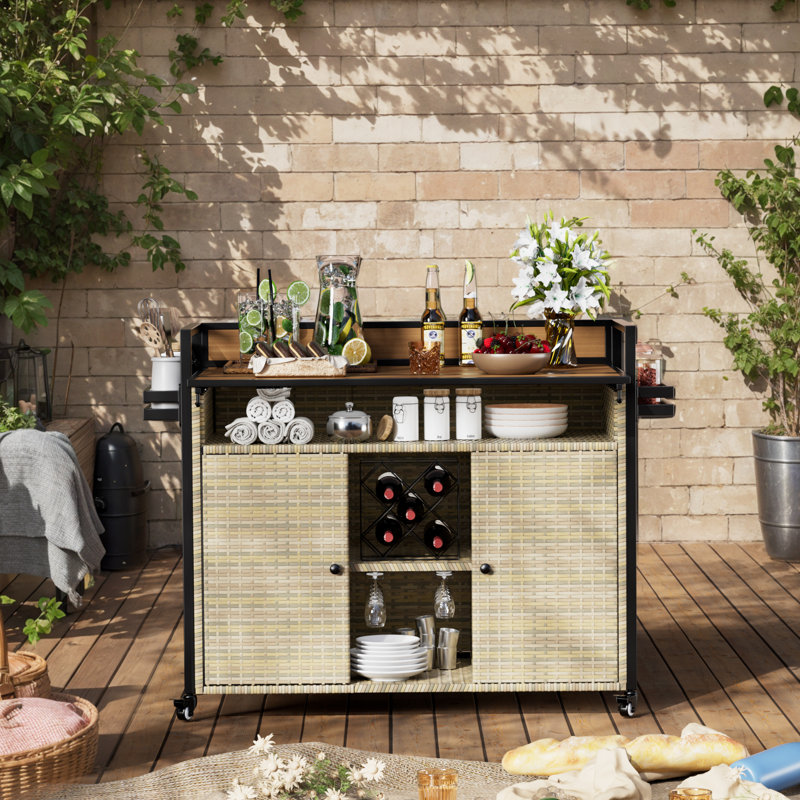 Outdoor Wicker Bar Cart with Storage & Extendable Top - Rolling Kitchen Island for Patio, Backyard, and Entertaining