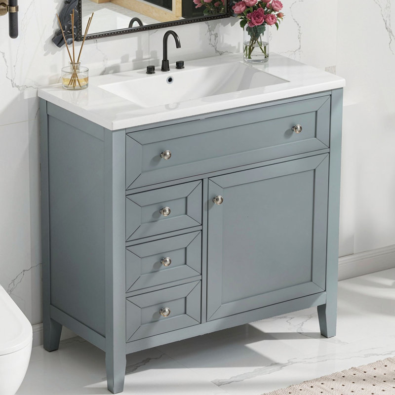 Meuble-lavabo en bois massif avec lavabo sous-comptoir en céramique - Glissières de tiroir à fermeture en douceur de 12 po, bac rabattable + tiroir simple + tiroir de rangement, tablette réglable, capacité de charge de 70 kg