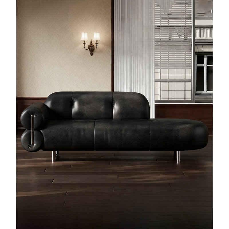 Chaise longue de style italien en bois massif, cuir et métal pour chambre et salon, Face à la gauche, Black