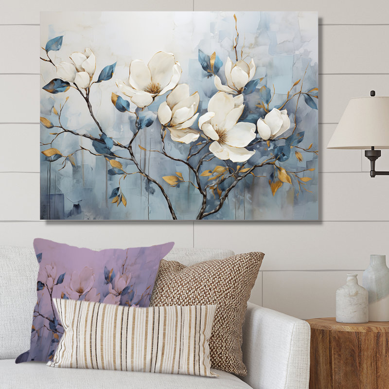 Elegant White And Blue Magnolias Tranquility - Magnolias Wall Art for Living Room, 30" H x 40" W, Wrapped Canvas, No Frame