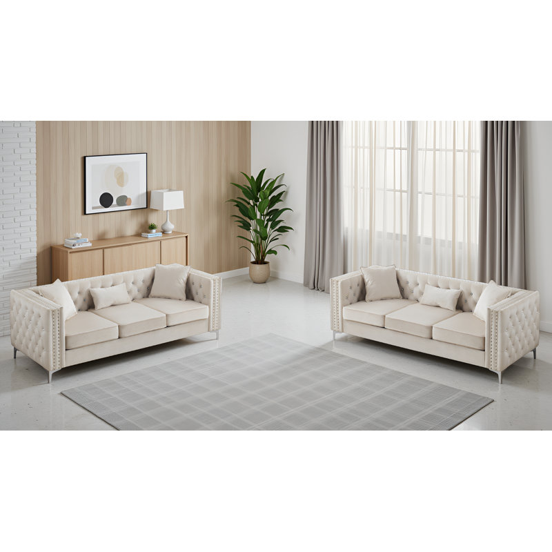 Lyon Velvet Ivory Sofa Set Of 2, Ivory
