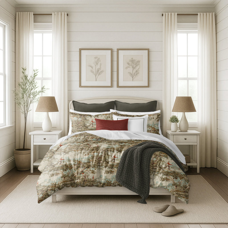 Greenwood Ivory/Red Linen Duvet Cover Set, Twin Duvet + 1 Standard Shams