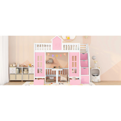 Lit mezzanine rose Twintwin avec table mobile et charmante couchette réglable en bois massif