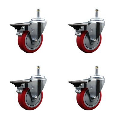 4 Inch Poly Swivel 7/16 Inch Grip Ring Stem Caster Set with Brake