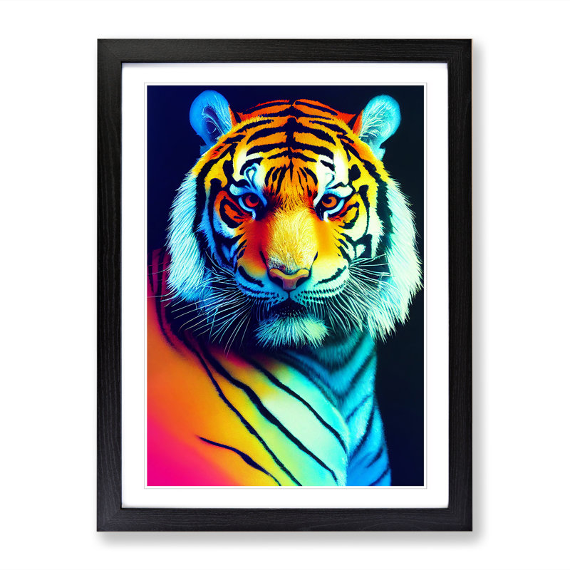 FRM-V0523-2521X Tiger Vaporwave - Single Picture Frame Print, Black, 64cm H x 46cm W x 2cm D