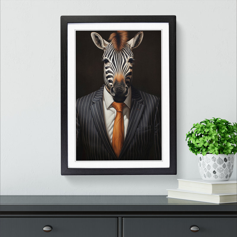 XYZ-FRM-V1223-1735 Zebra In A Suit Painting - Single Picture Frame Print on Wood, Black , 34cm H x 25cm W x 2cm D