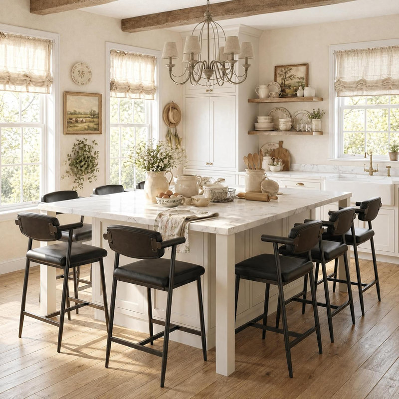 Ensemble de tabourets de bar 8, comptoir 26 po avec accoudoirs, structure en métal, noir rustique