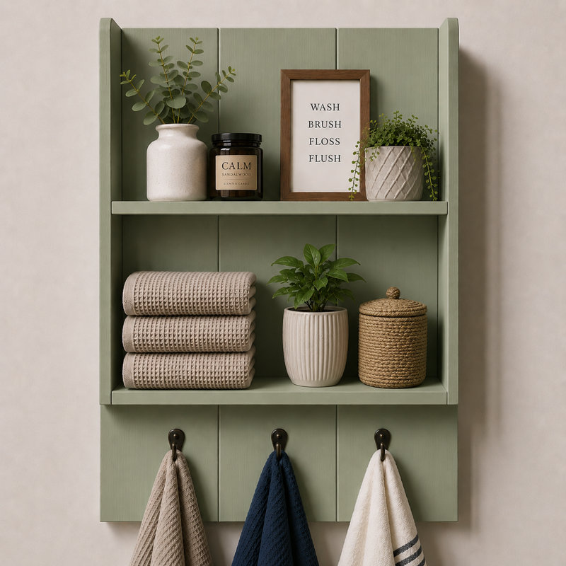 Étagère de salle de bain avec crochets Burkstone | Rangement mural rustique | Vert sauge, Vert sauge
