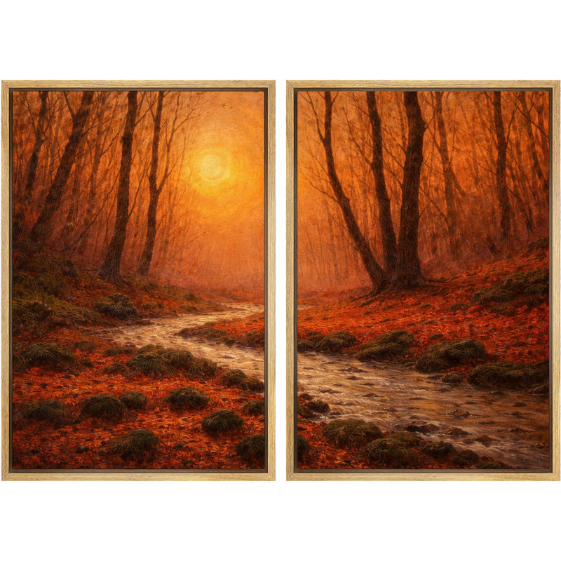 «Autumn Forest Path with Warm Sunset Light», reproduction d'art sur toile encadrée pour chambre principale, 2 pièces, Naturel