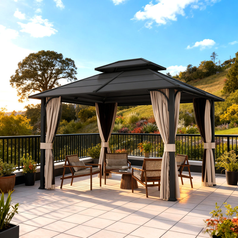 10 x 12ft Hardtop Outdoor Gazebo With Double-layer Roof, Patio Gazebo With Powder-coated Metal Frame, Mosquito Netting & Privacy Curtains–perfect For Patio, Garden & Backyard
