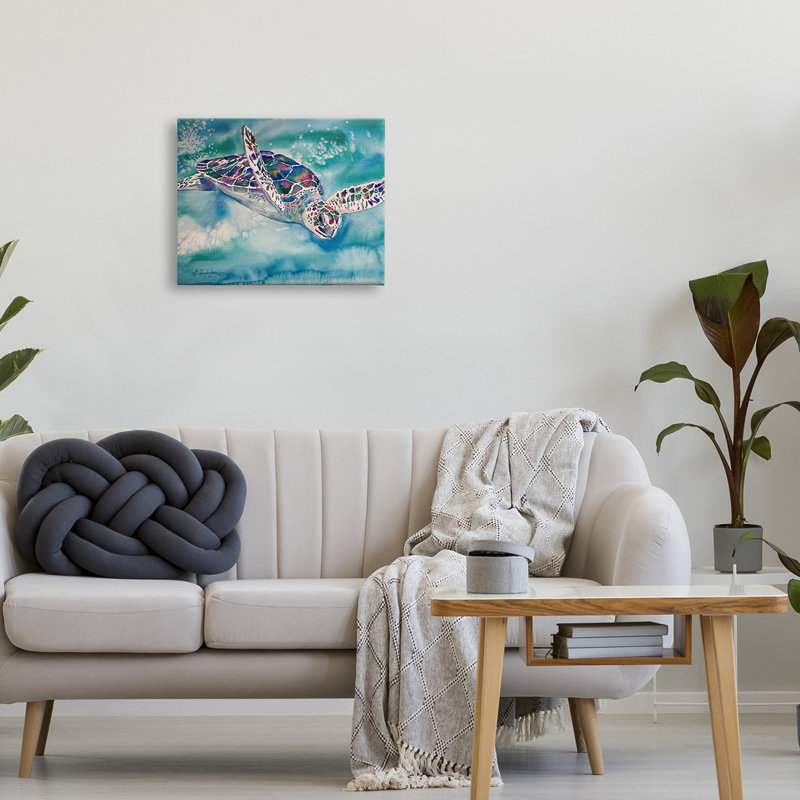 Tortue de mer nageant dans l'eau, aquarelle, reptile par MB Cunningham - Peinture, H 16 po x l 20 po x P 1,5 po, Toile tendue