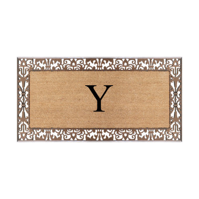 Dyari Natural Coir & Rubber Paisley Border Monogram Non-Slip Door Mat, 30"x60", Bronze, Heavy-Duty Low-Profile Outdoor Front Porch