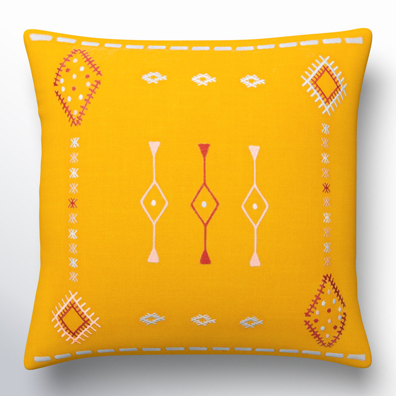 Gwyn Embroidered Cotton Pillow Cover, 20" x 20", Mustard/Dusty Pink/Pale Blue