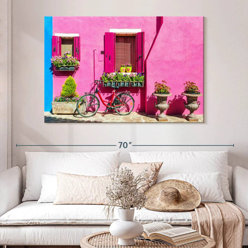 Lilie, maison rose, bicyclette, H 34 po x l 51 po