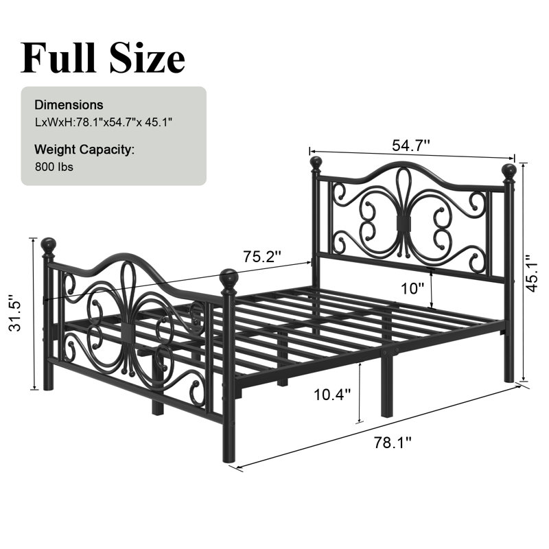 Full Metal Platform Bed with Butterfly-Style Headboard and Footboard, Under-Bed Storage, Easy Assembly, Black, Black, Full