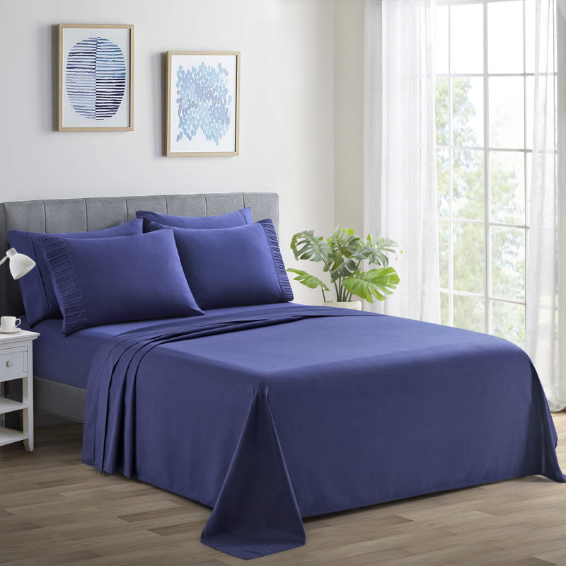 Ensemble de literie 6 pièces avec 4 taies d'oreiller plissées en rayonne de coton rayé de couleur unie Marina, Marine