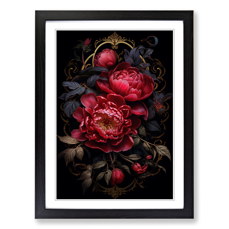 Peony Flower Gothic - Single Picture Frame Print on Wood, 46cm H x 34cm W x 2cm D, Black Framed