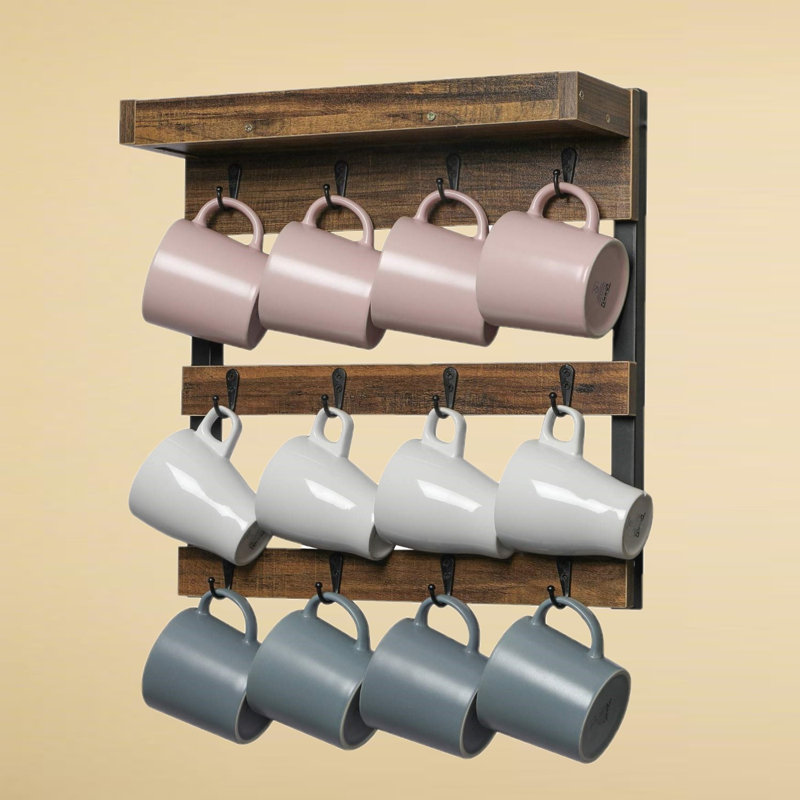 Coffee Mug Rack Wall Mounted With 12 Hooks And Storage Shelf