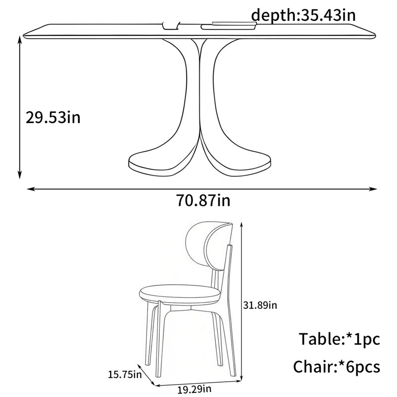 Simple rectangular dining table, 7 Pieces: Table, 6 Chairs, 29.53" H x 70.87" W x 35.43" D