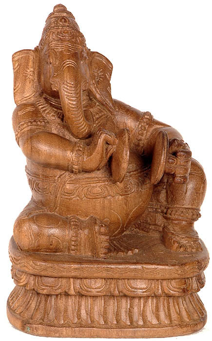 Wood Carving Ganesha Playing Cymbals Statue, 11.5 in. Tall     South Indian Temple Art for Meditation Room & Home Altar