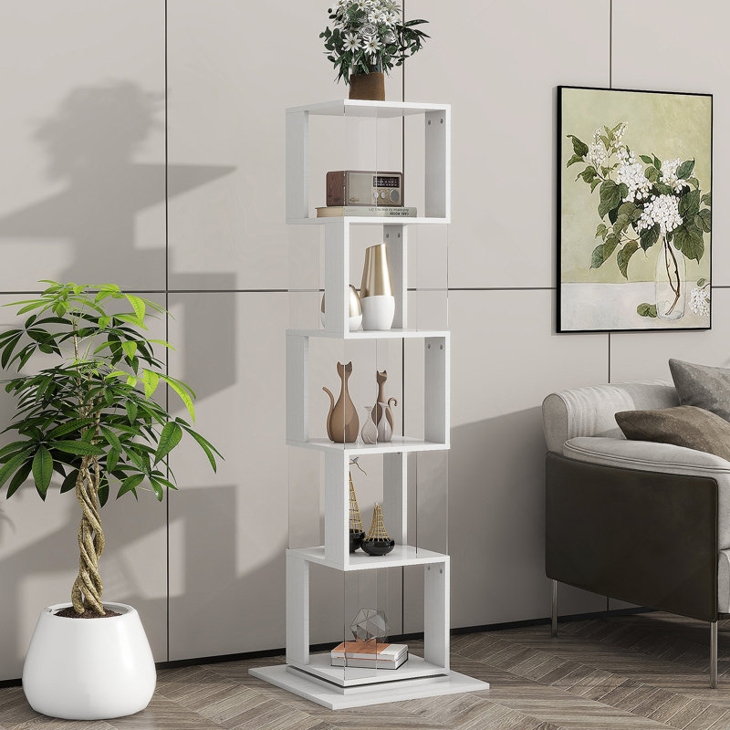 5-Tier Rotating Bookshelf, Floor Rack With Acrylic Plate And Anti-Toppling Base, White, (5 Shelves) 63"H x 19.68"W x 19.68"D