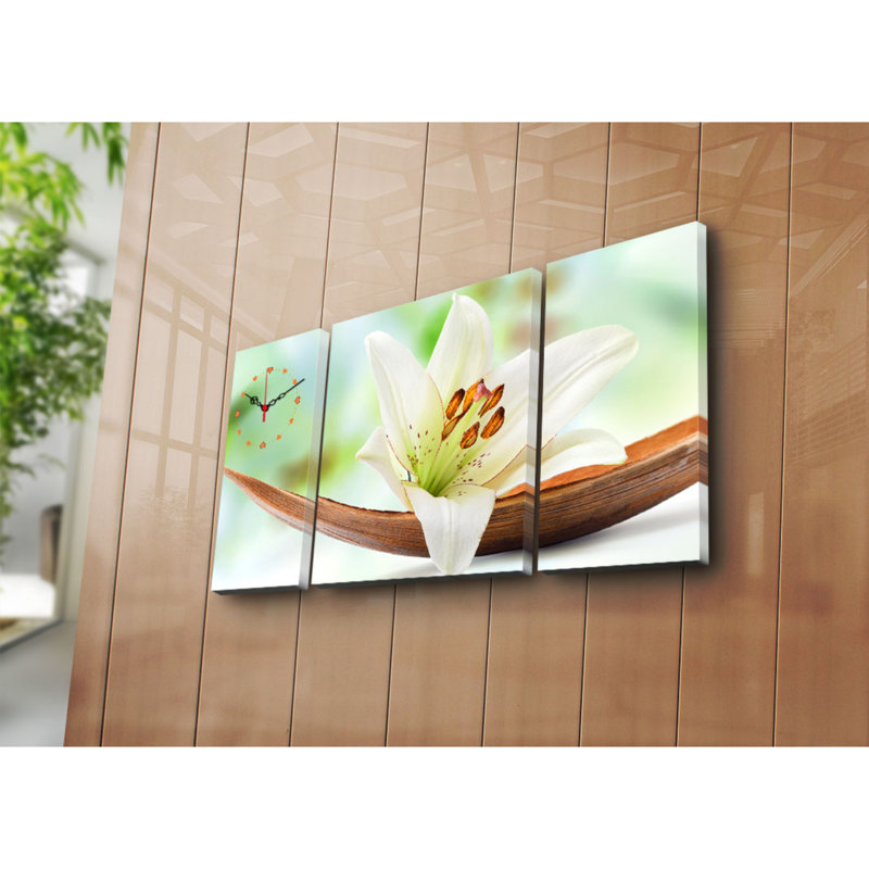 Horloge murale élégante en toile décorative (3 pièces), 33,5 po x 17,7 po | Toile 100% suède avec cadre 100% bois (épaisseur: 1,2 po) | Décoration élégante pour le salon et le bureau, design unique et horloge