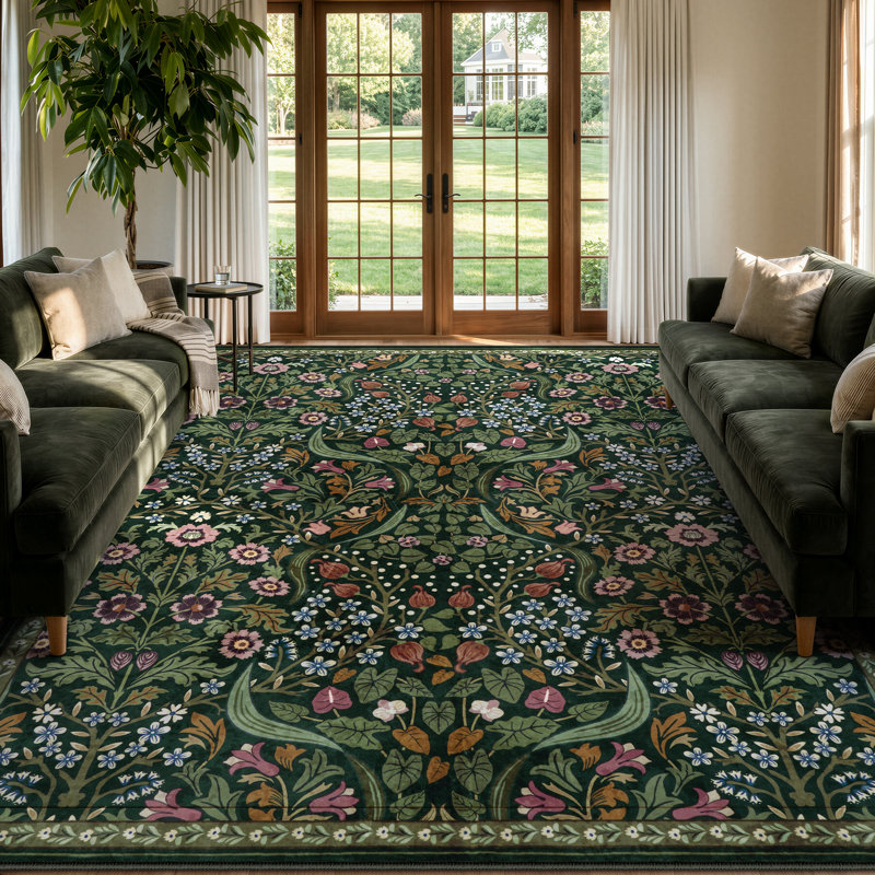 Tapis lavable à motif floral Kaldi, Vert, Rectangle 10 pi x 14 pi