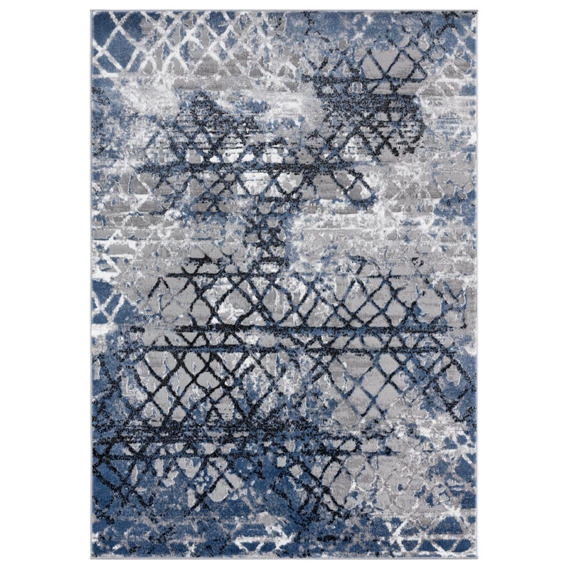 Tapis bleu à motif géométrique, Rectangle 5 pi 3 po x 7 pi 5 po