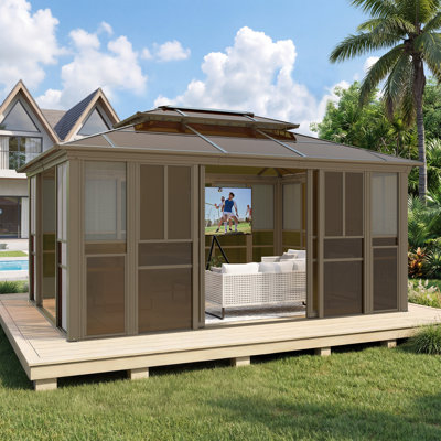 16 x 12 FT Outdoor Sunroom Gazebo, Enclosed Patio Sunroom with Polycarbonate Roof, Aluminum Frame Solarium, Sliding Door, Adjustable Window Panels & Mesh Screens for Backyard, Garden & Patio