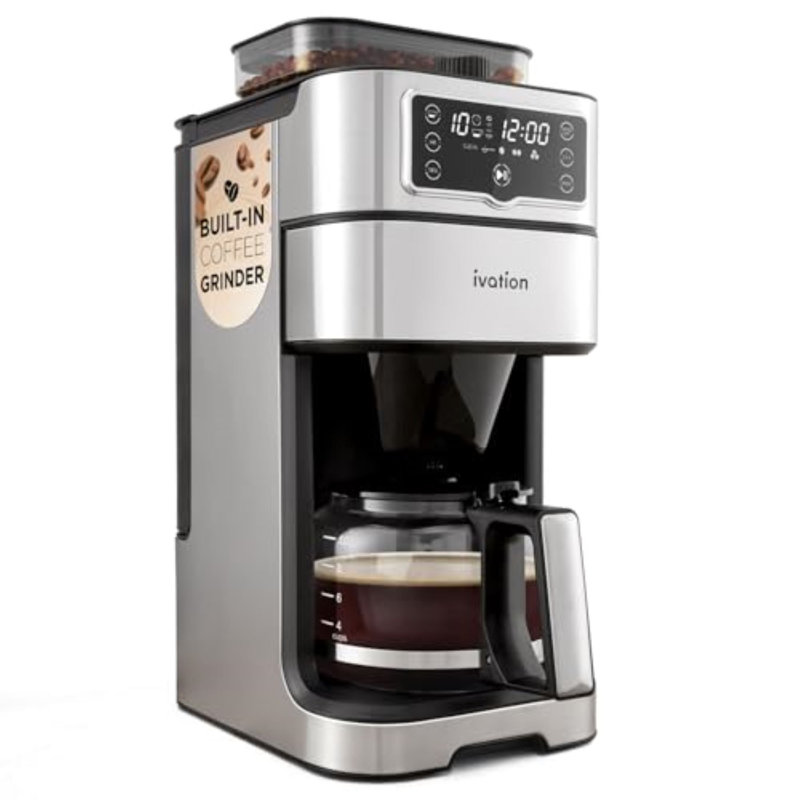 Cafetière et moulin d'égouttement Ivation 2-en-1 - Infusion et minuterie automatique programmable - Plaque chauffante - 10 tasses - Panier-filtre réutilisable - Réservoir d'eau 1,5L - 1000W - Pause and Verser