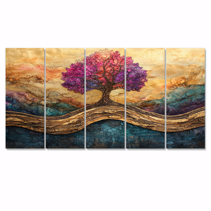 Barbery - art mural arbre de vie - décoration murale traditionnelle 5 pièces, H 28 po x l 60 po