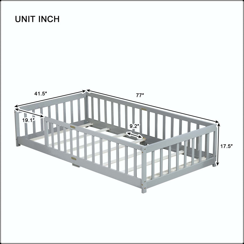 Lit simple au sol avec clôture - Bois d'hévéa avec barrières de sécurité, Gris