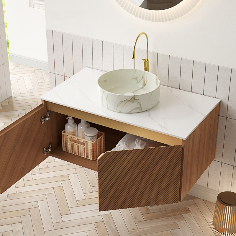 Meuble-lavabo flottant avec portes doubles en sergé pour salle de bain