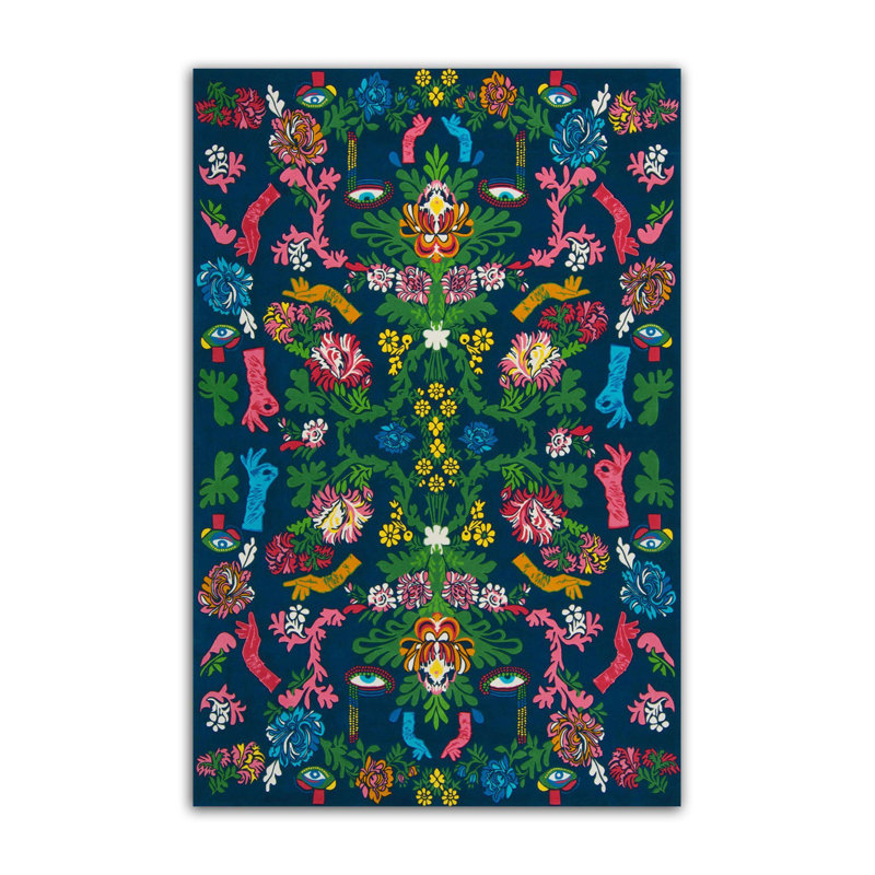 Eye and Botanical-Themed Multi-Colored Woven Base Rug, Rectangle 4'7" x 6'6"
