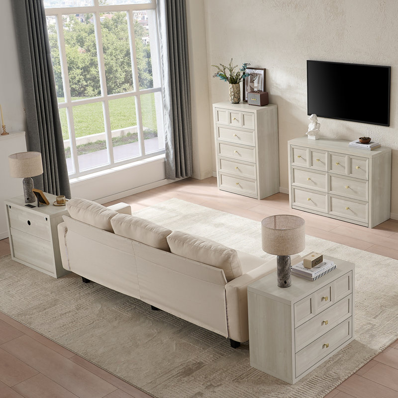 Ensemble de chambre à coucher 4 pièces 4 pièces, commode blanche et 6 tiroirs et table de chevet 3 tiroirs, Gris blanc