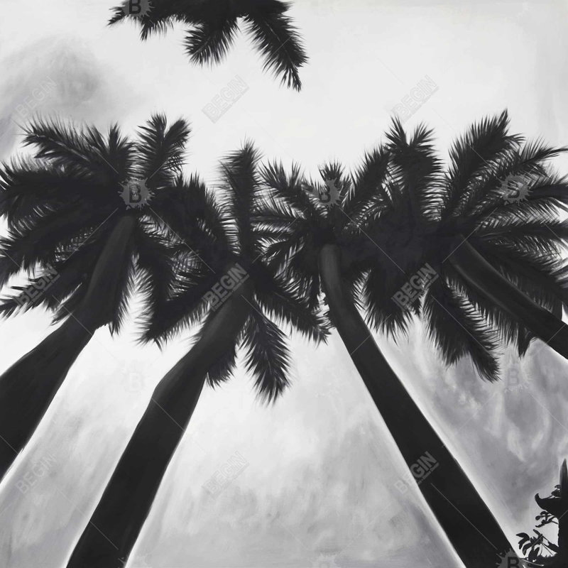 Toile de palmiers monochromes | Décor blanc avec des arbres côtiers, H 25,25 po x l 25,25 po