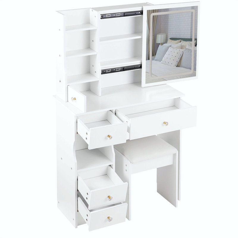 29.2" Small Size Left Drawer Desktop Vanity Table + Cushioned Stool, Large Sliding, Touch Control, Tri-Color Switching, Brightness Adjust Led Mirror, High Capacity Storage, Suitable For Small Space