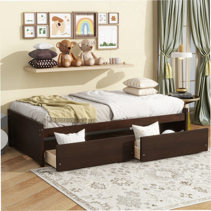 Sturdy Solid Rubber Wood Twin Bed With Two Spacious Drawers For Effortless Storage And Easy Assembly, Ideal For Various Rooms