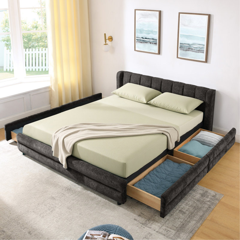 Structure de lit tapissier grand format avec tissu épais, cadre de lit rembourré confortable, tissu chenille, avec tête de lit et base de lit solide. Avec tiroir pour rangement - Gris foncé (86 po x 68,5 po x 67 po)