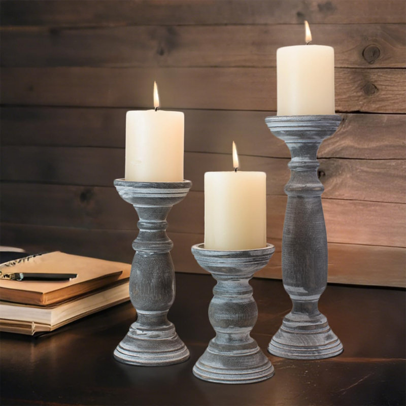 Ensemble de 3 porte-bougies en bois gris rustique