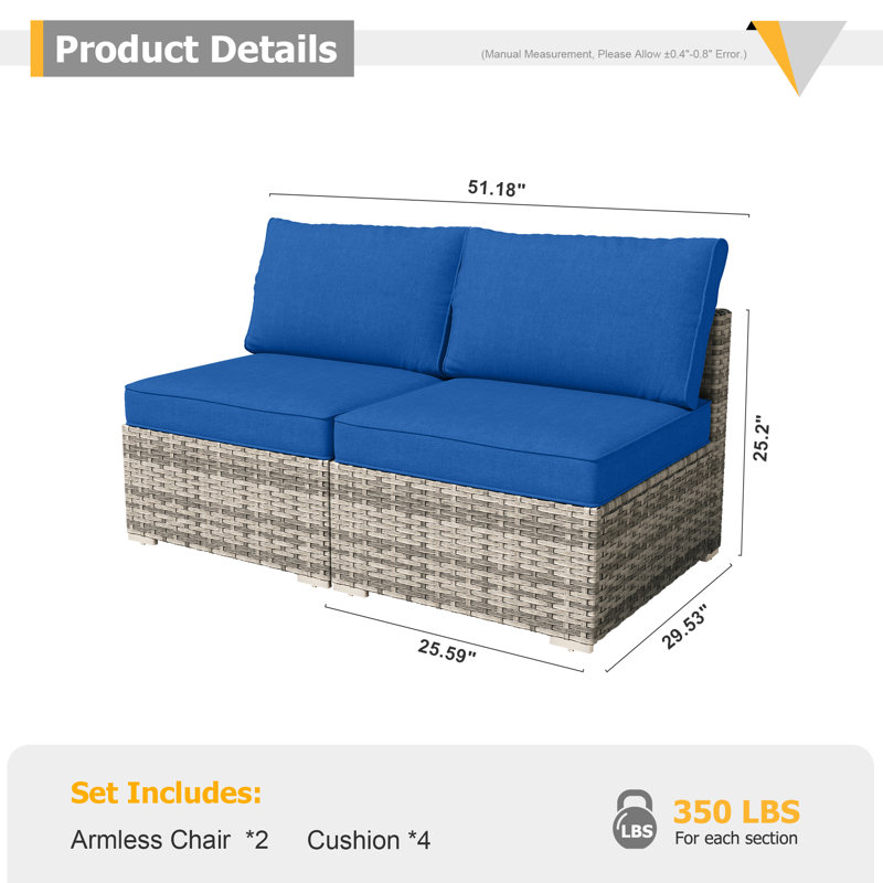 2-Person Outdoor Sectional With Cushions,All-Weather Wicker Patio Loveseat, Navy