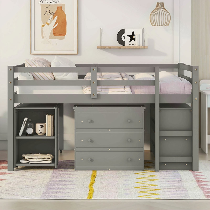 Lit mezzanine double bas avec cabinet, tablettes et bureau portatif roulant, lit multifonctionnel, Gris