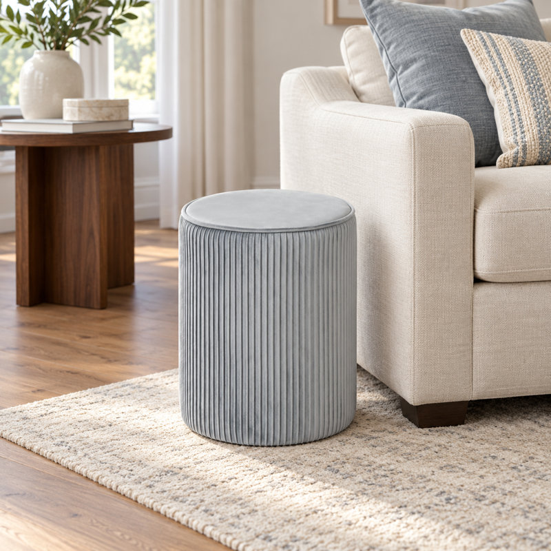 12.4" Round Upholstered Velvet Footstool For Living Room, Gray Velvet