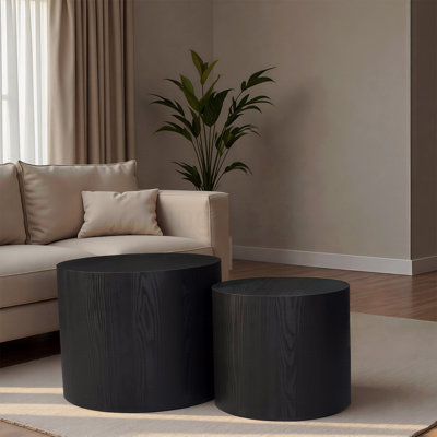 Ensemble de 2 tables basses rondes en bois rondes avec pieds antidérapants pour salon, chambre à coucher, bureau, balcon, terrasse, petit espace, noir mat