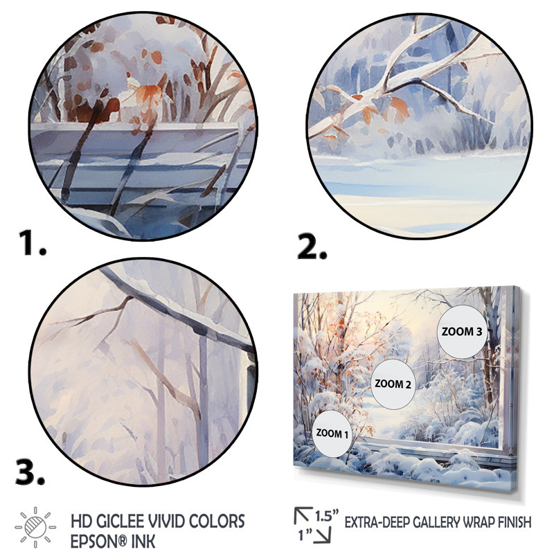 «Winter River Window View III - Winter Landscape», art sur toile, Cadre flottant noir, H 16 po x l 32 po x P 1 po