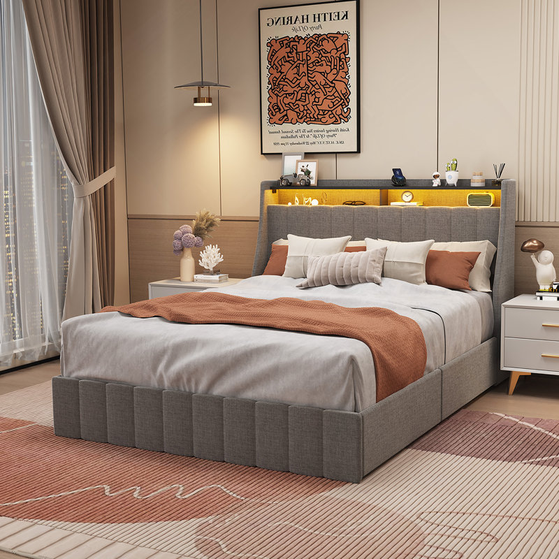 Bed Frame with LED, Wings Headboard Design, Light Gray, Queen