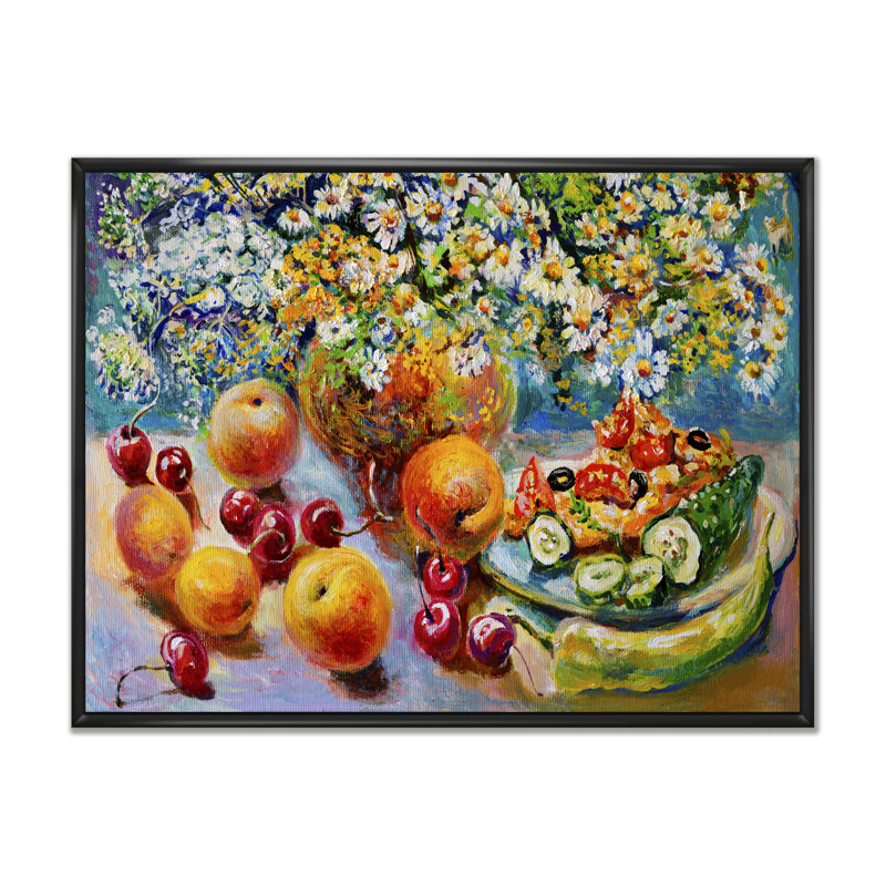 Peinture de fruits et de fleurs, nature morte, H 30 po x l 40 po x P 1,5 po, Cadre flottant noir