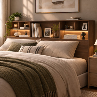 Modern Bookcase Headboard with 3-Level LED Lighting, Open Storage Shelves and Charging Station, Queen & King