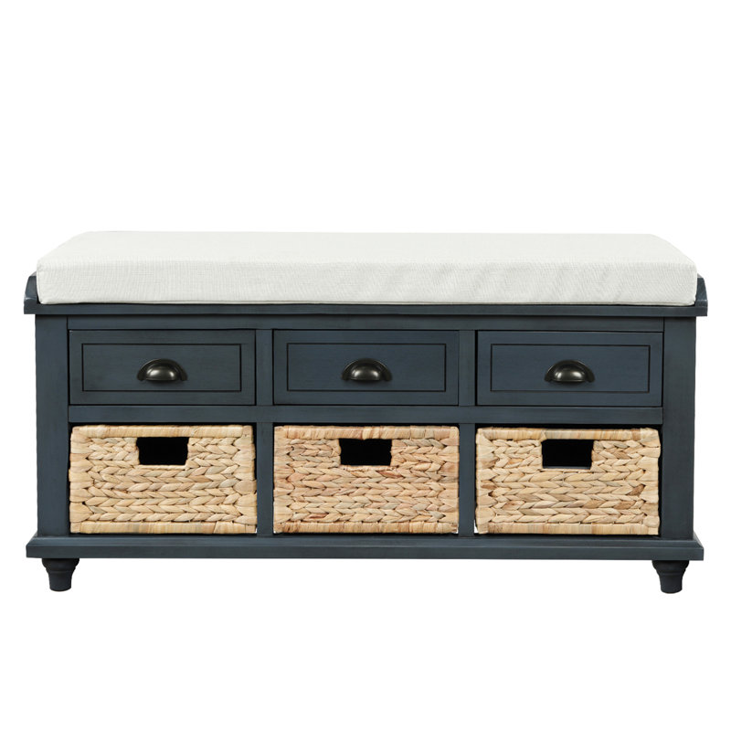 Banc de rangement rustique avec 3 tiroirs et 3 paniers en rotin, banc à chaussures pour le salon, vestibule ()